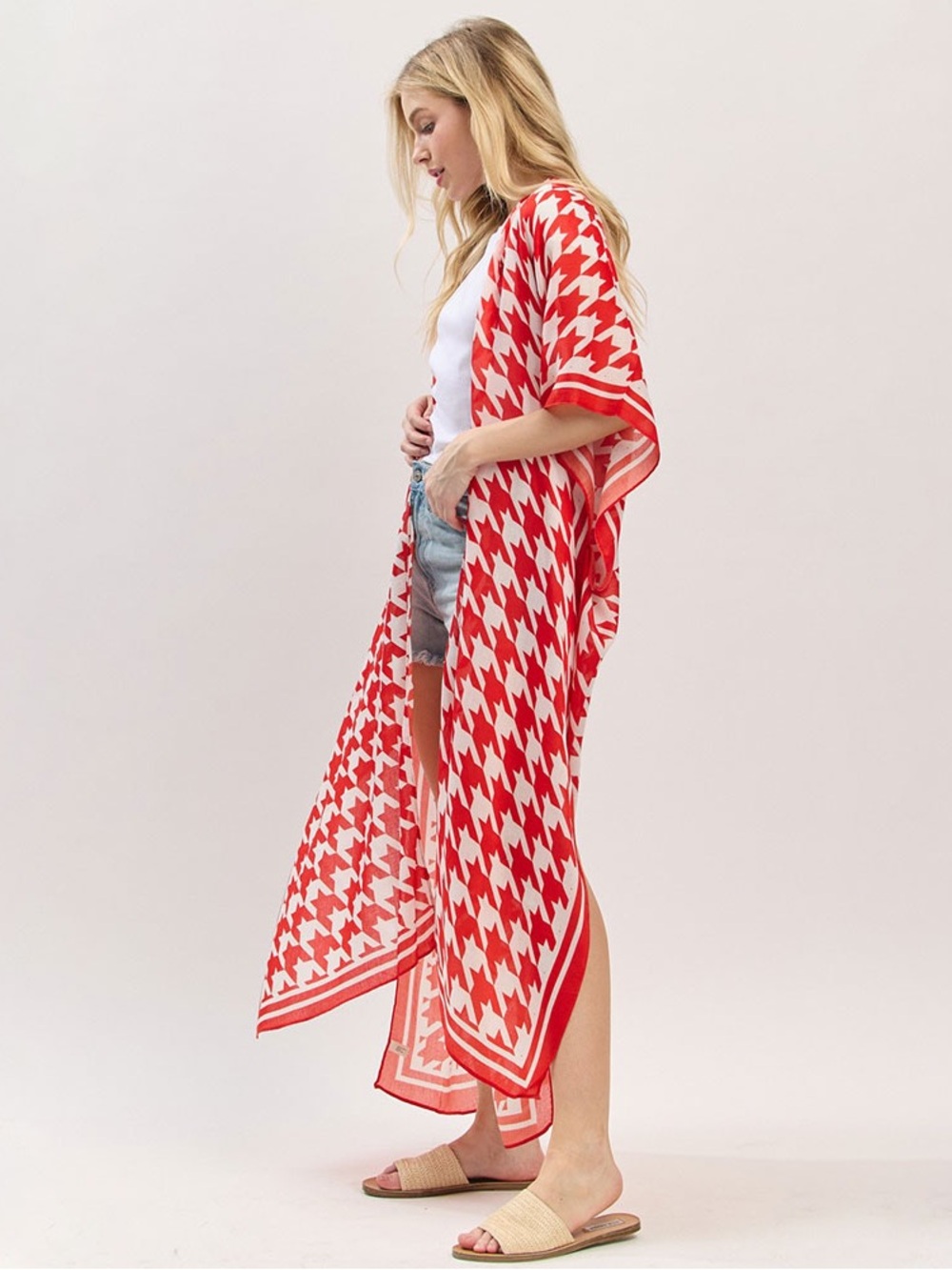 Red & White Houndstooth Kimono Duster